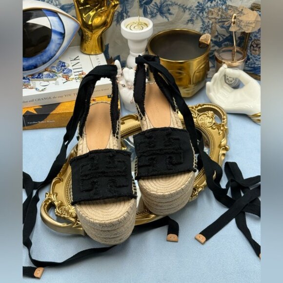 🆕 TORY BURCH 🧿 NWOB Ines Espadrille Wedge Sandal, 80 MM - Black - Sz US 7 - Picture 10 of 13